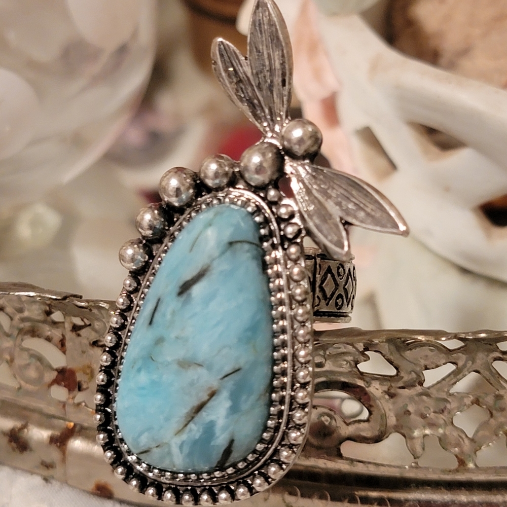 Dragonfly Faux Turquoise beaded stone Boho hippie South western ring NWT - Picture 12 of 15